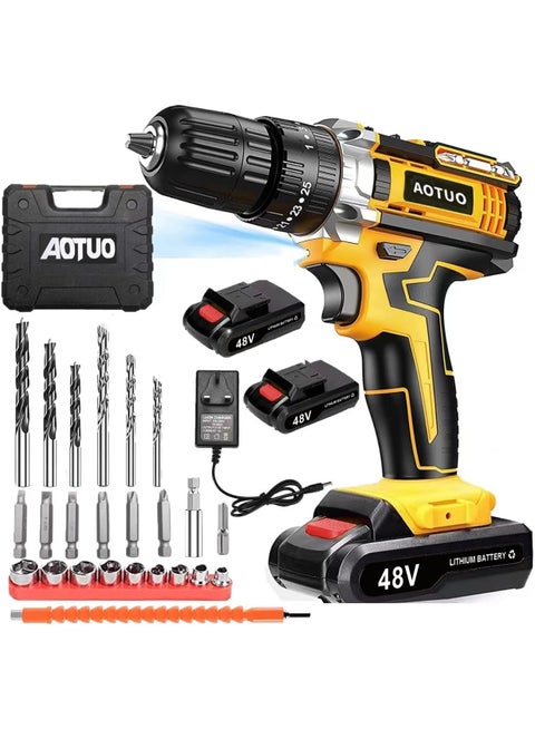 AOTUO 48V Cordless Drill, Two Li-Ion Batteries and Fast Charger, 3/8" Drill Kit, 25+3 Position Clutch, LED Work Light, Variable Speed ​​Drill, 186 lbs of Torque, 24 Accessories + 32-Piece Drill Bit Box